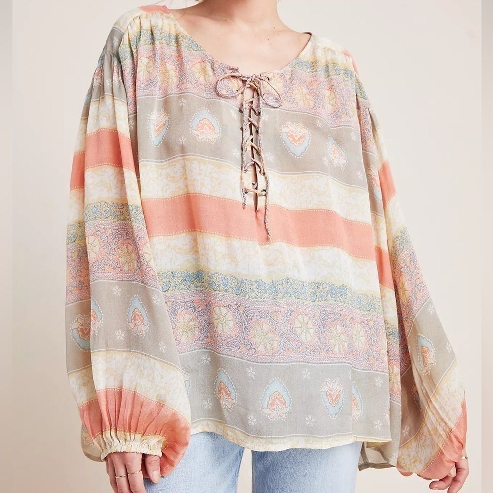 ANTHROPOLOGIE Mes Desmoiselles Pistache Silk‎ Peasant Top